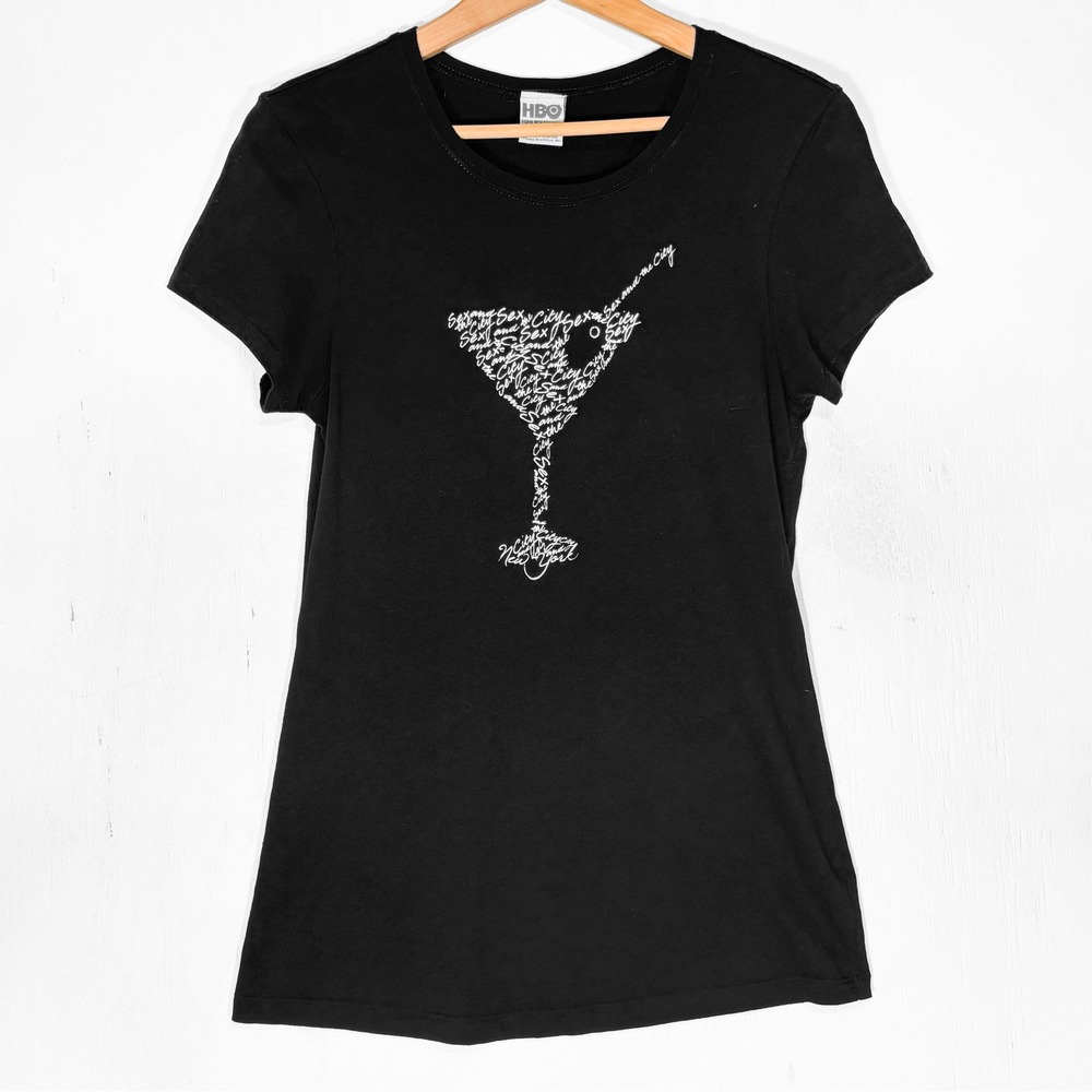 HBO Sex and the City Y2K Martini Graphic Baby Tee Womens L 2009 Cotton Metallic